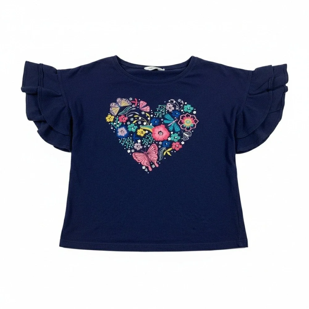 Gap Kids Navy Blue Embroidered Floral Heart Top Ruffle Sleeve Size‎ Large